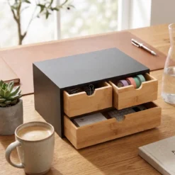 Bambusowy organizer na biurko HEGO, 16 cm, 3 szufladkowy