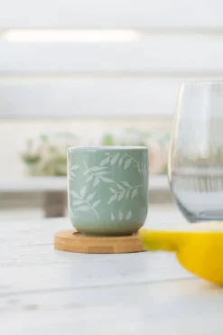 Ceramiczne kubki z bambusowymi podkładkami, 4 szt., 130 ml