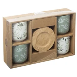 Ceramiczne kubki z bambusowymi podkładkami, 4 szt., 130 ml