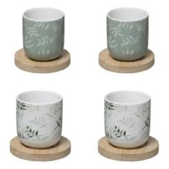 Ceramiczne kubki z bambusowymi podkładkami, 4 szt., 130 ml