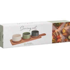 Ceramiczne miseczki na przekąski VOYO, 3 sztuki na podłużnej tacy