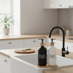 Dozownik na płyn do naczyń i mydło na bambusowej tacce EASY, 2 x 500 ml