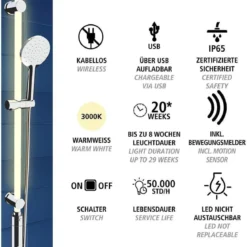 Drążek prysznicowy LED 94 cm, ciepła biel, słuchawka i wąż prysznicowy, WENKO