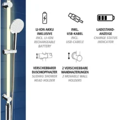 Drążek prysznicowy LED 94 cm, ciepła biel, słuchawka i wąż prysznicowy, WENKO