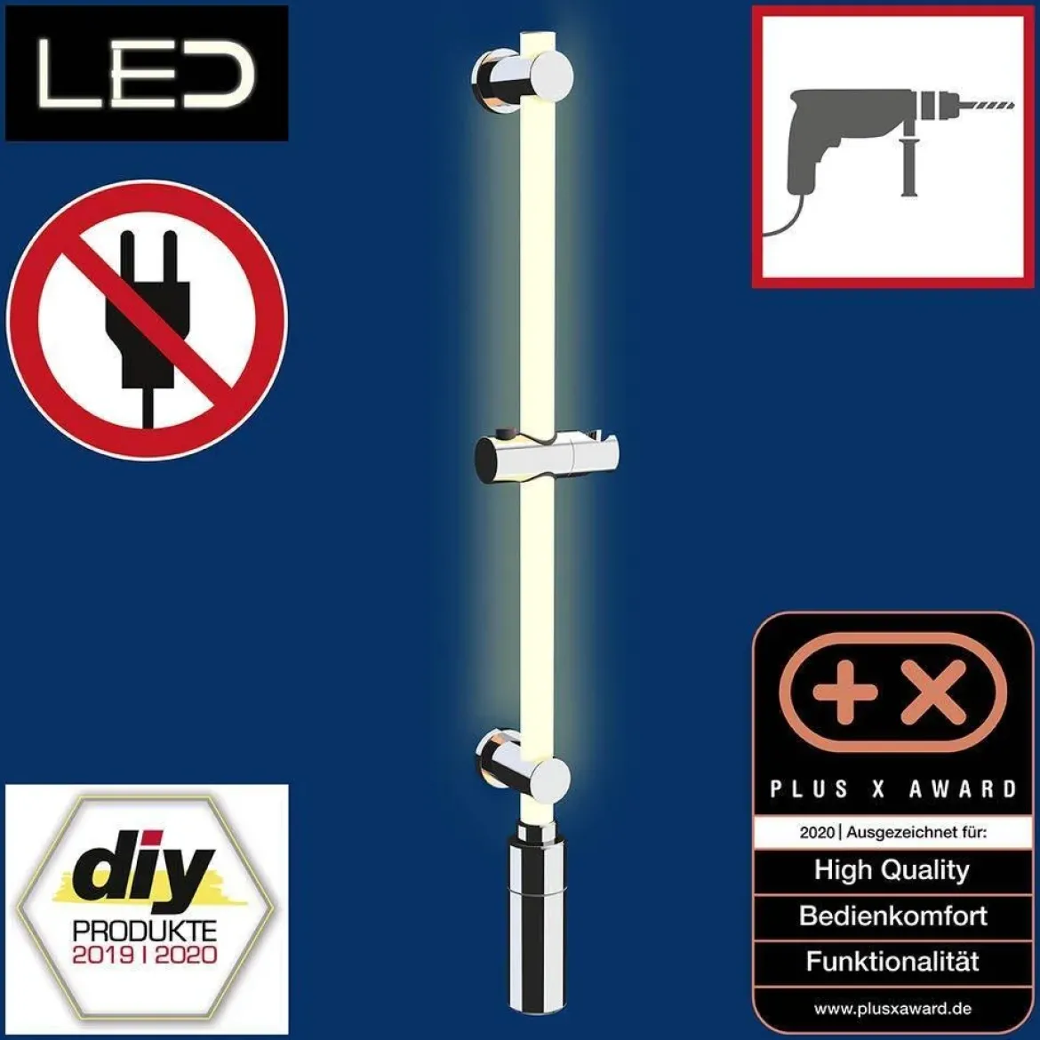 Drążek prysznicowy LED 74 cm, ciepła biel, WENKO, srebrny