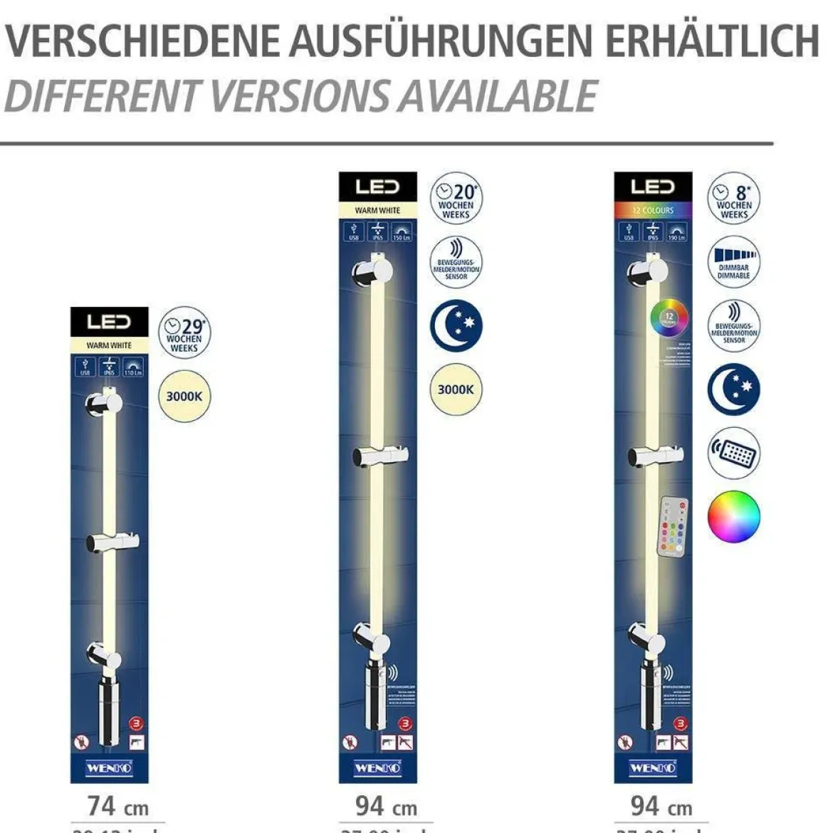 Drążek prysznicowy LED 74 cm, ciepła biel, WENKO, srebrny