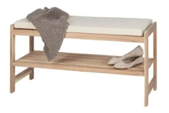 Drewniana szafka na buty z siedziskiem z materiału imitującego len ACINA, WENKO
