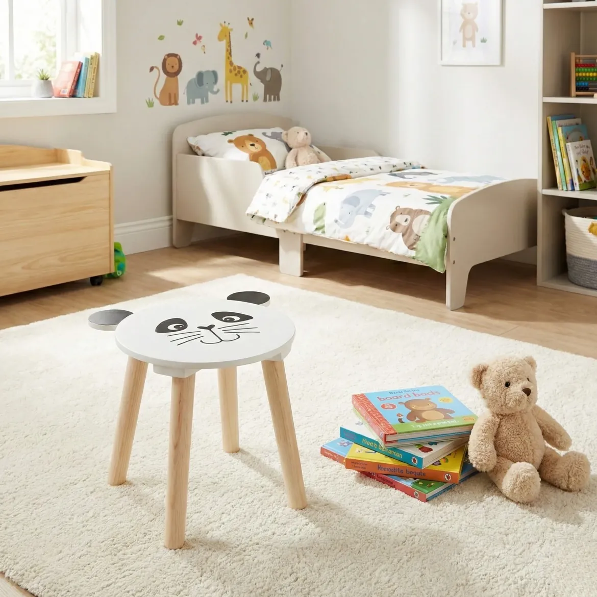 Drewniany stołek dziecięcy SAFARI z motywem zwierząt, 28 cm