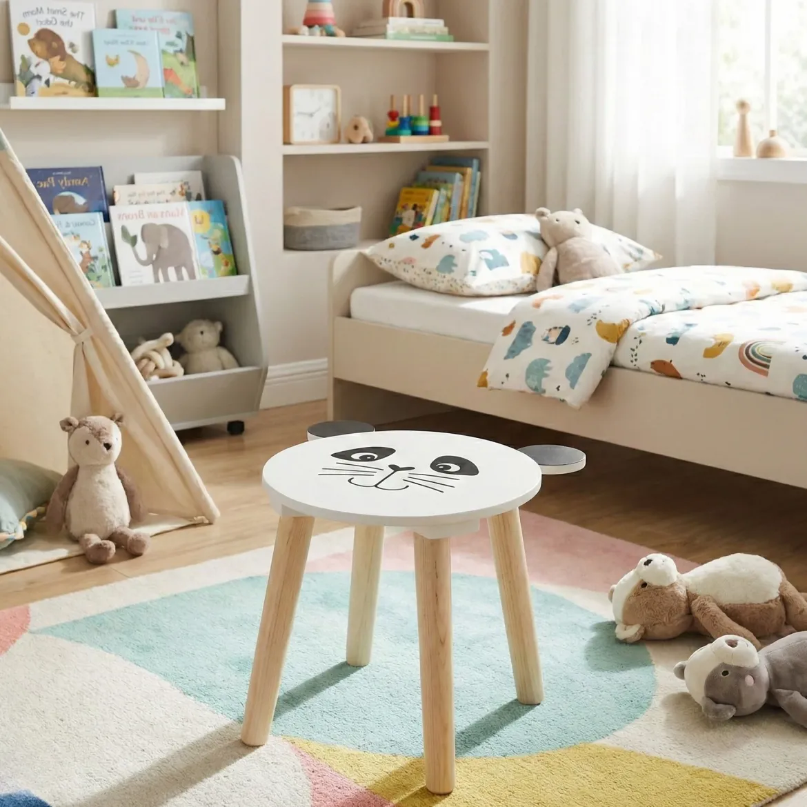 Drewniany stołek dziecięcy SAFARI z motywem zwierząt, 28 cm