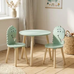 Drewniany stolik z 2 krzesełkami dla dzieci, motyw dinozaura, wys. 50 cm