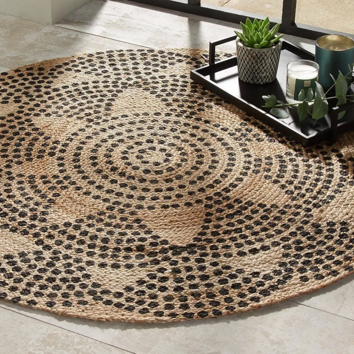 Dywan z juty okrągły, Ø 120 cm, geometryczny nadruk