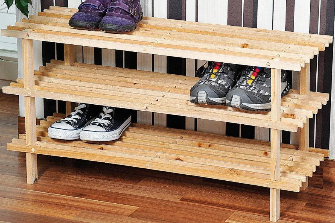 Gustowny stojak na buty z drewna sosnowego, regał na buty, szafka na buty do przedpokoju, półka na buty, drewniana półka, KESPER