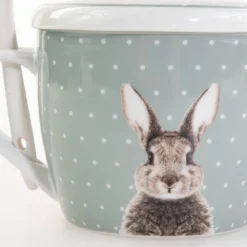 Kubek z pokrywką i z łyżeczką FLUFFY, porcelanowy, zajączek, 600 ml
