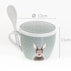 Kubek z pokrywką i z łyżeczką FLUFFY, porcelanowy, zajączek, 600 ml