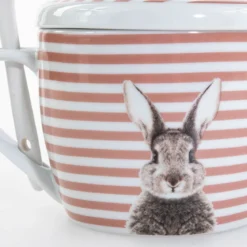 Kubek z pokrywką i z łyżeczką FLUFFY, porcelanowy, zajączek, 600 ml
