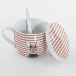 Kubek z pokrywką i z łyżeczką FLUFFY, porcelanowy, zajączek, 600 ml