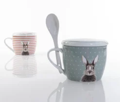 Kubek z pokrywką i z łyżeczką FLUFFY, porcelanowy, zajączek, 600 ml