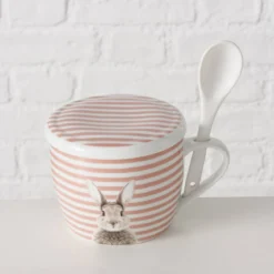 Kubek z pokrywką i z łyżeczką FLUFFY, porcelanowy, zajączek, 600 ml