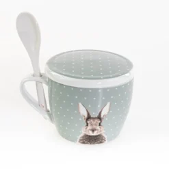 Kubek z pokrywką i z łyżeczką FLUFFY, porcelanowy, zajączek, 600 ml