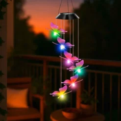 Lampa solarna wisząca, motyle LED, dzwonek wietrzny, 78 cm