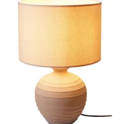 Lampa stołowa z okrągłą podstawą cementową, abażur lniany, Ø 32 x 47 cm