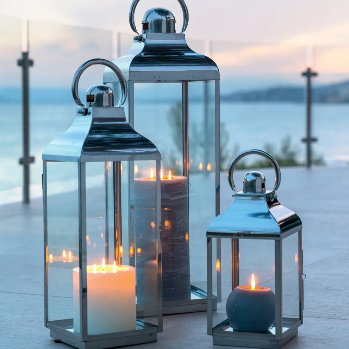 Lampion dekoracyjny szklany INOX, 3 sztuki w komplecie