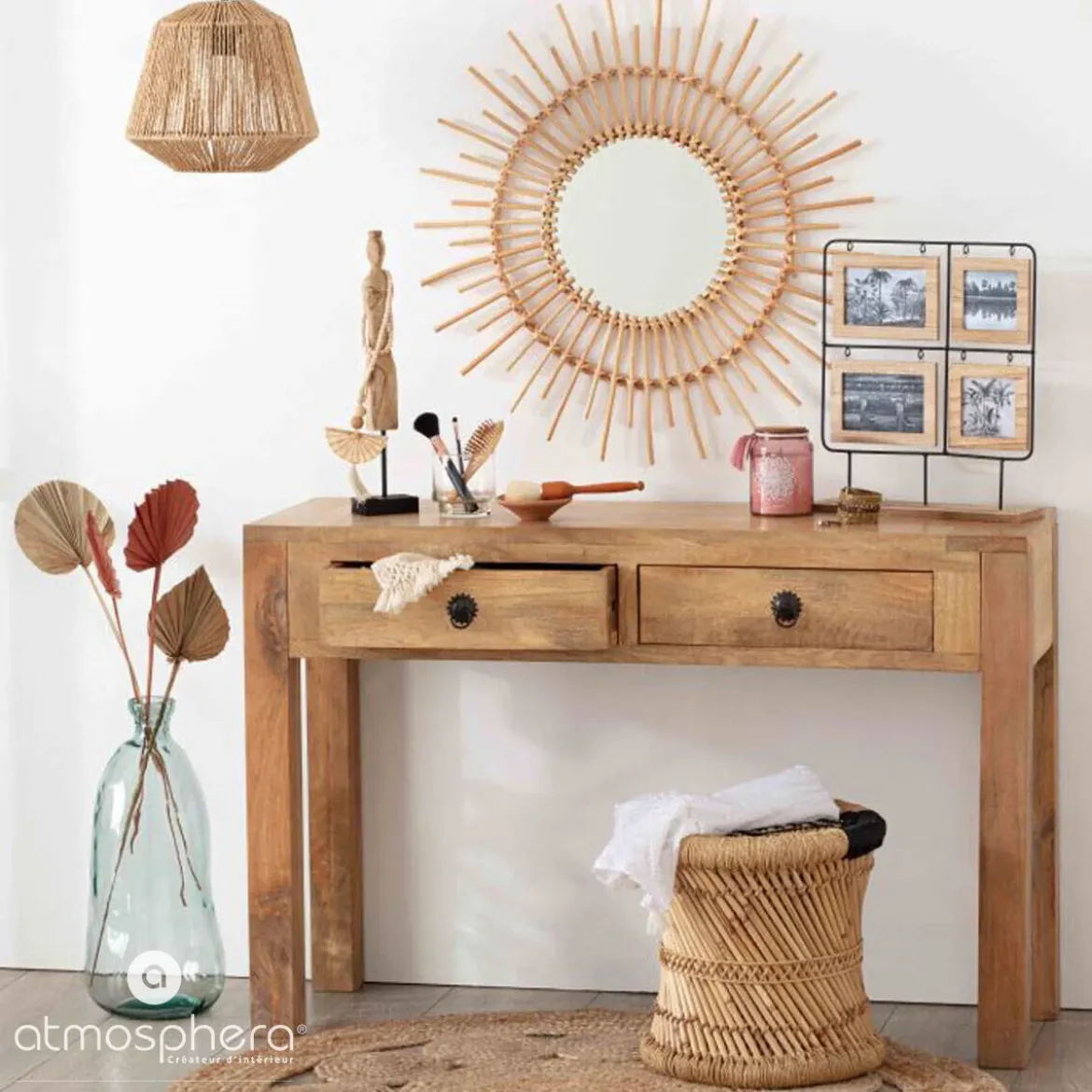 Lusterko ścienne SUN w plecionej oprawie, Ø 58 cm
