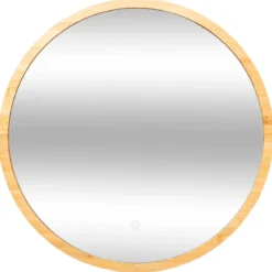 Lustro łazienkowe z oświetleniem LED, bambusowa rama, Ø 57 cm