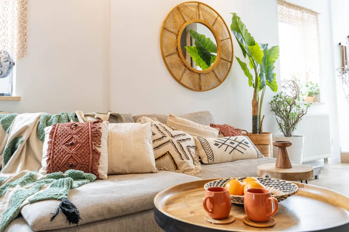 Lustro boho w bambusowej ramie INA, Ø 89 cm