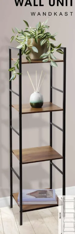 Metalowy regał do salonu z 4 półkami z MDF, 29,5 x 23,5 x 106,5 cm