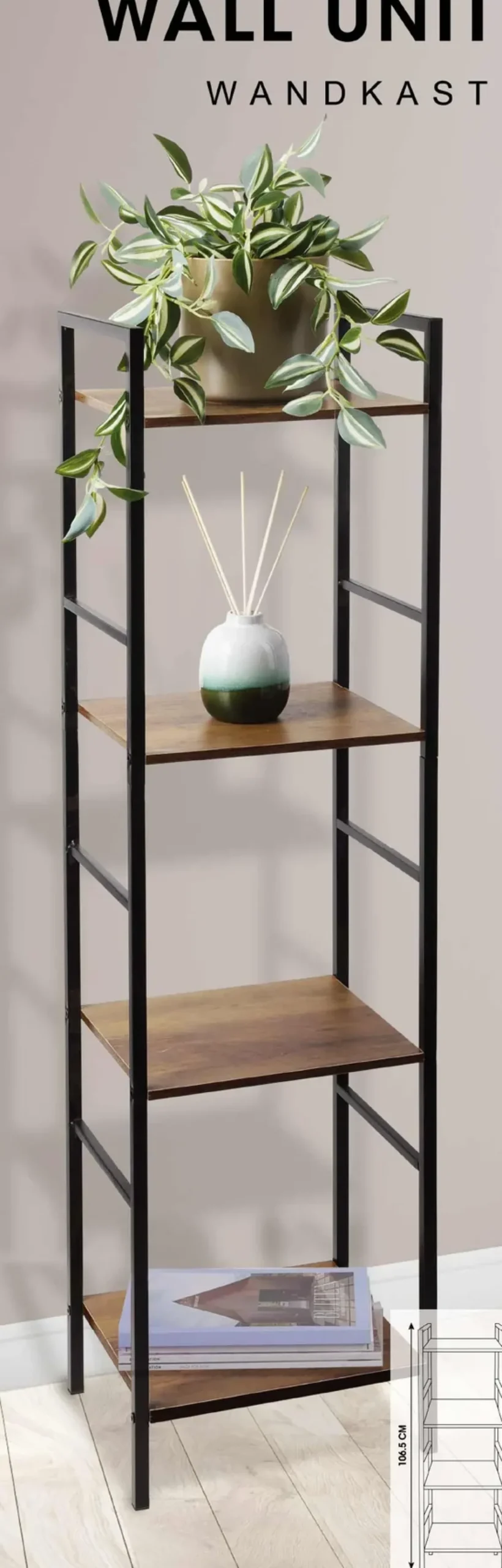 Metalowy regał do salonu z 4 półkami z MDF, 29,5 x 23,5 x 106,5 cm