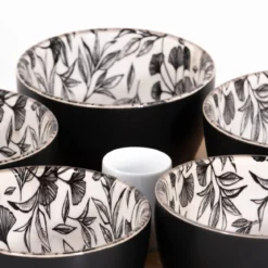 Miseczki na przekąski FLORAL, na drewnianej tacy, 5 miseczek, 70 ml