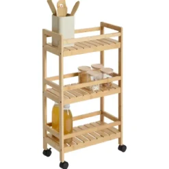 Mobilny regał kuchenny LINHA, 3 poziomy, bambusowy