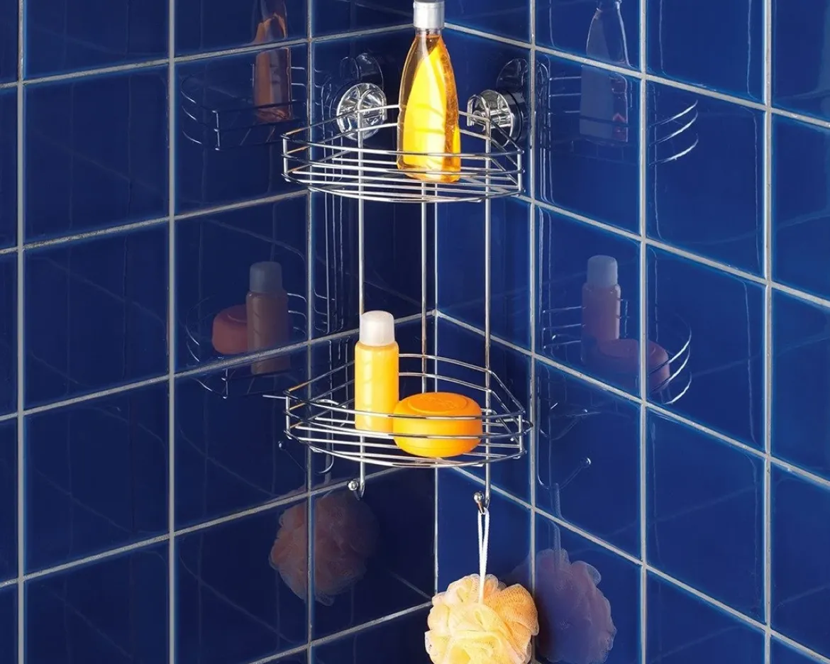 Narożna półka łazienkowa, Vacuum-Loc, 2 poziomy - stal chromowana, WENKO