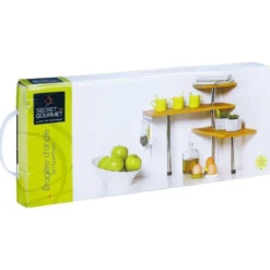 Narożna półka kuchenna, bambusowa - 3 poziomy, 4 haczyki