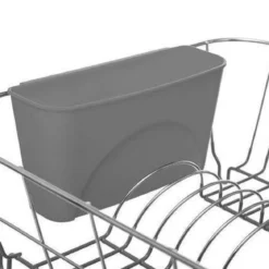 Ociekacz na naczynia, metalowa konstrukcja z plastikowym pojemnikiem na sztućce.