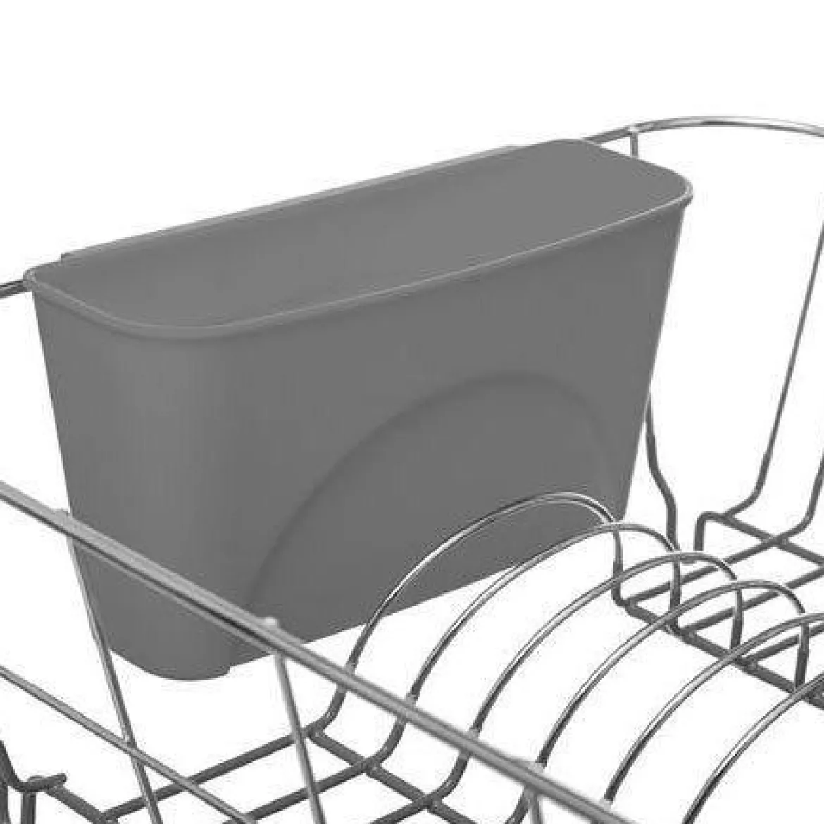 Ociekacz na naczynia, metalowa konstrukcja z plastikowym pojemnikiem na sztućce.