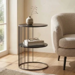 Okrągły stolik kawowy z metalu, z półką RODA, 52 cm