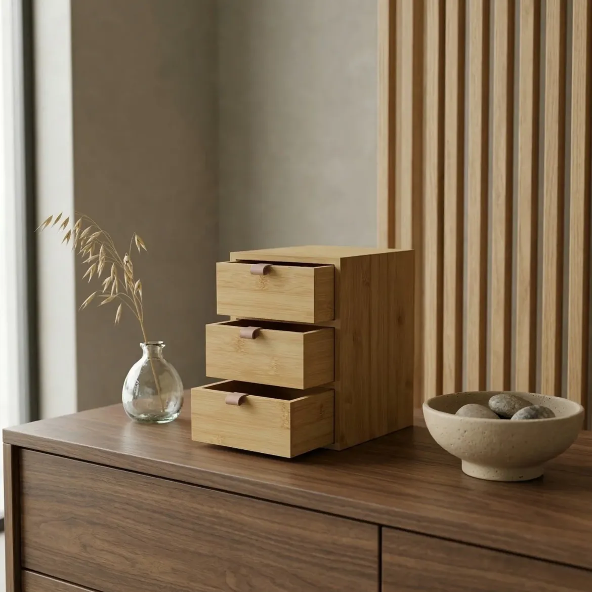Organizer bambusowy z 3 szufladkami NILA, 21 cm