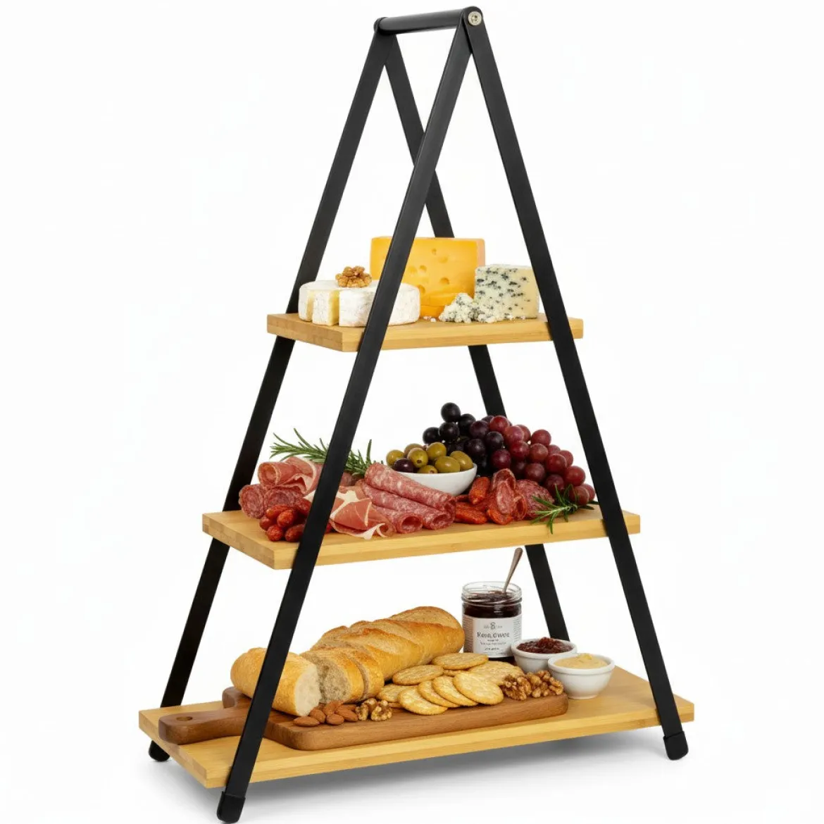 Patera trzypoziomowa z drewnianymi półkami, 53 cm