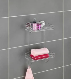 Półka łazienkowa dwupoziomowa WENKO, 2 kosze na akcesoria do kąpieli mocowanie Vacuum-Loc