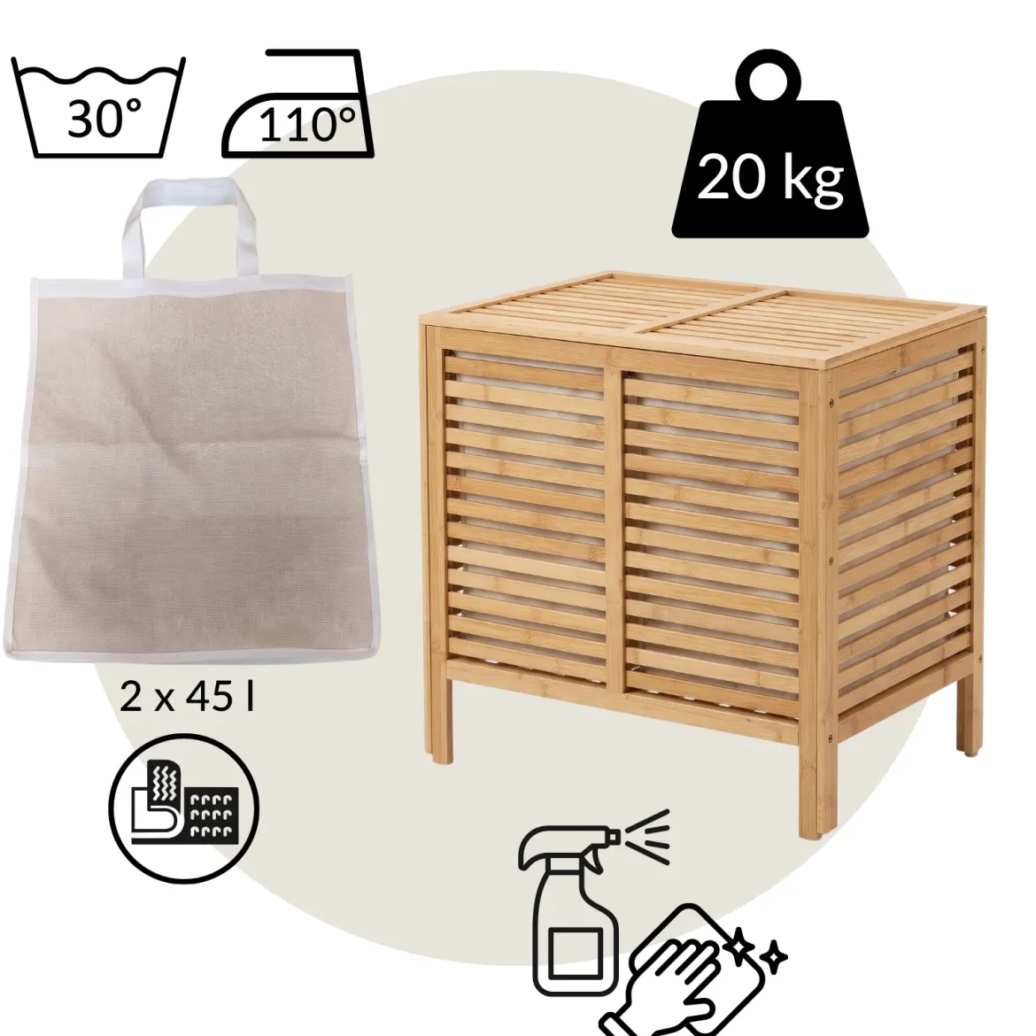 Podwójny kosz na pranie, bambusowy MOA, 90 l