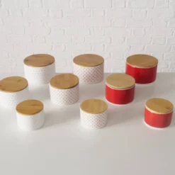 Pojemniki ceramiczne z bambusową pokrywą LILLY, 3 sztuki