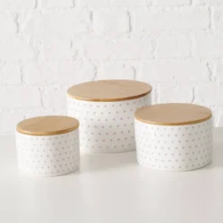 Pojemniki ceramiczne z bambusową pokrywą LILLY, 3 sztuki