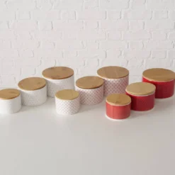 Pojemniki ceramiczne z bambusową pokrywą LILLY, 3 sztuki