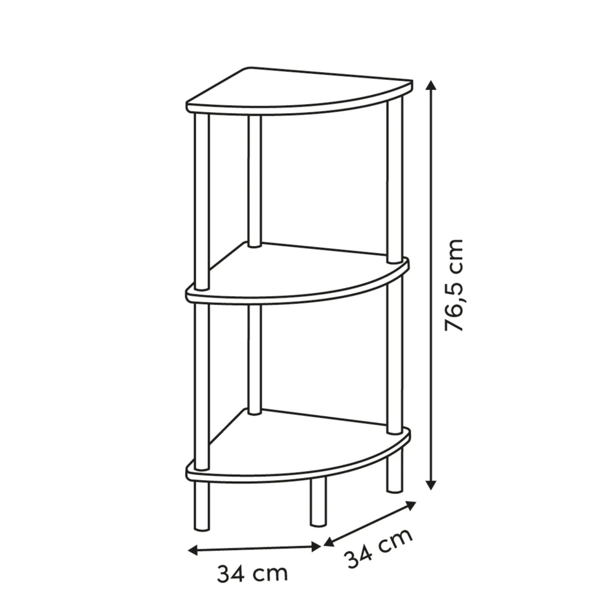 Regał narożny COME, 3 poziomy, 76 cm