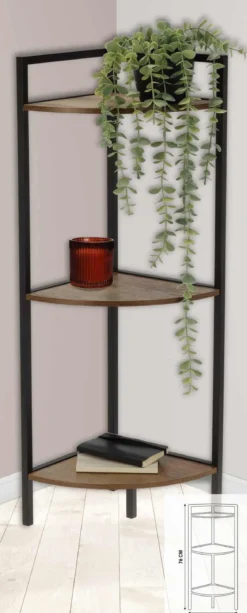 Regał narożny metalowy, 3 półki z MDF, 23,5 x 23,5 x 76 cm