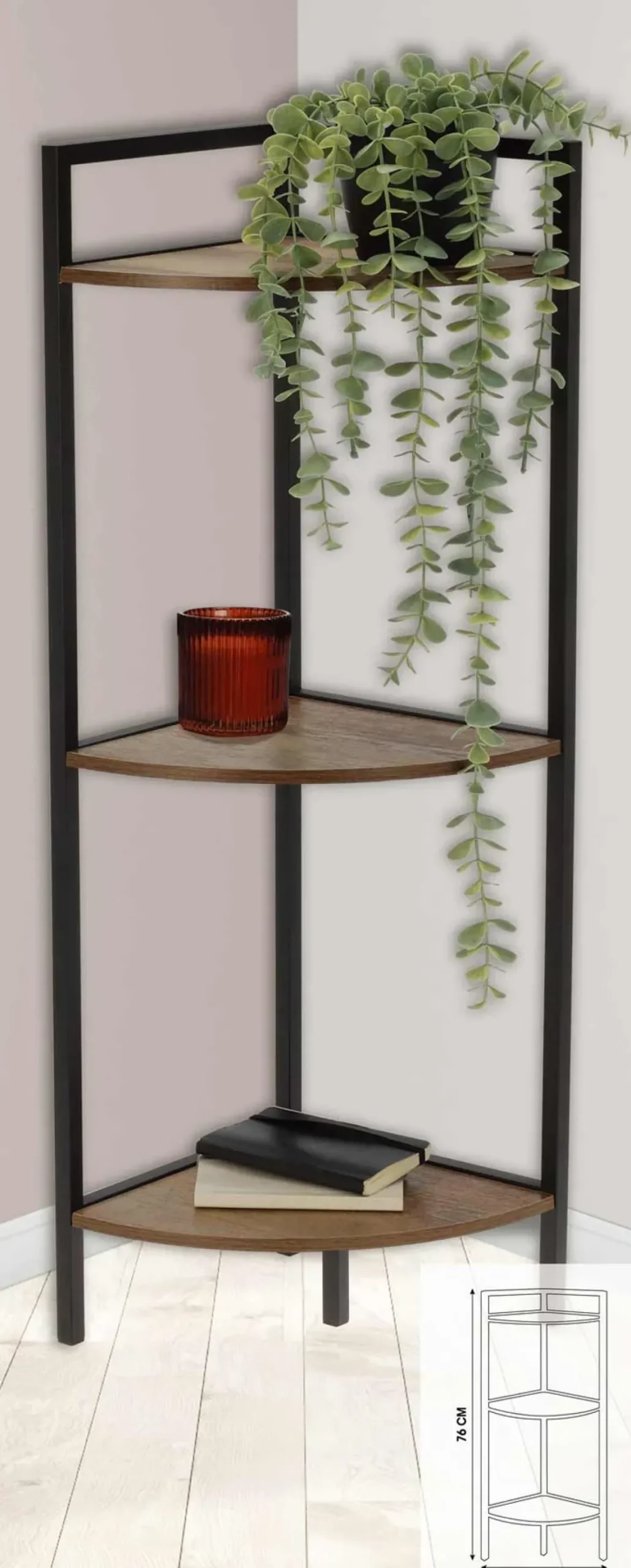 Regał narożny metalowy, 3 półki z MDF, 23,5 x 23,5 x 76 cm