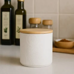 Słoik ceramiczny z pokrywką z bambusa, Ø 10 x 10,5 cm