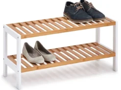 Stojak na buty, półka z bambusa i metalu, kompaktowa szafka na buty.